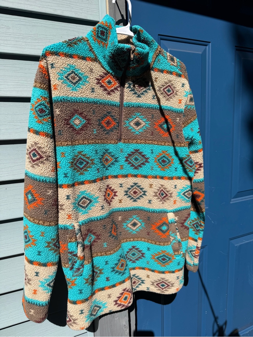 Women’s Sherpa Quarter-Zip Pullover Sweater - Turquoise & Brown